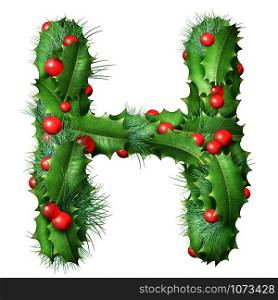 Holiday font letter H as a festive winter season decorated garland as a Christmas or New Year seasonal alphabet lettering isolated on a white background as a 3D illustration.
