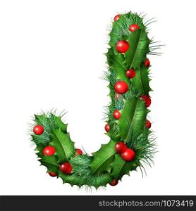 Holiday font letter J as a festive winter season decorated garland as a Christmas or New Year seasonal alphabet lettering isolated on a white background as a 3D illustration.
