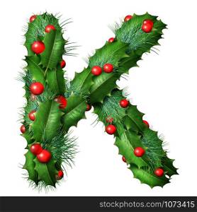 Holiday font letter K as a festive winter season decorated garland as a Christmas or New Year seasonal alphabet lettering isolated on a white background as a 3D illustration.