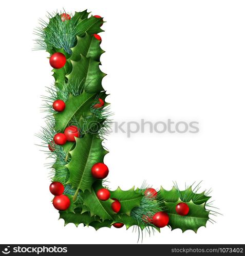 Holiday font letter L as a festive winter season decorated garland as a Christmas or New Year seasonal alphabet lettering isolated on a white background as a 3D illustration.