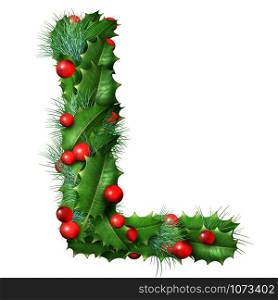 Holiday font letter L as a festive winter season decorated garland as a Christmas or New Year seasonal alphabet lettering isolated on a white background as a 3D illustration.