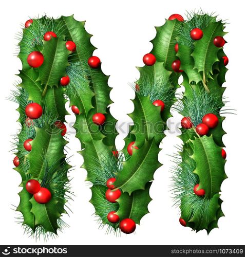 Holiday font letter M as a festive winter season decorated garland as a Christmas or New Year seasonal alphabet lettering isolated on a white background as a 3D illustration.