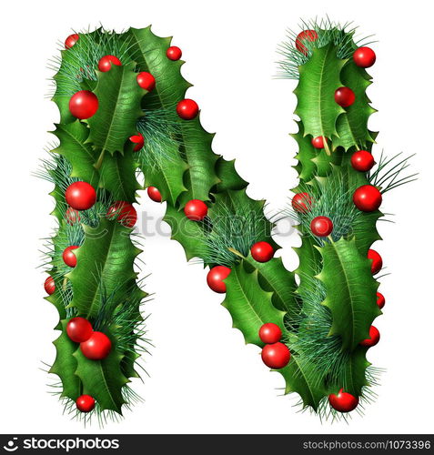 Holiday font letter N as a festive winter season decorated garland as a Christmas or New Year seasonal alphabet lettering isolated on a white background as a 3D illustration.