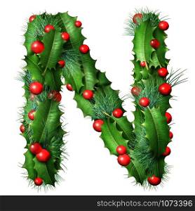 Holiday font letter N as a festive winter season decorated garland as a Christmas or New Year seasonal alphabet lettering isolated on a white background as a 3D illustration.