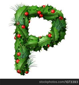 Holiday font letter P as a festive winter season decorated garland as a Christmas or New Year seasonal alphabet lettering isolated on a white background as a 3D illustration.