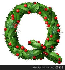 Holiday font letter Q as a festive winter season decorated garland as a Christmas or New Year seasonal alphabet lettering isolated on a white background as a 3D illustration.