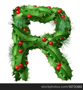Holiday font letter R as a festive winter season decorated garland as a Christmas or New Year seasonal alphabet lettering isolated on a white background as a 3D illustration.