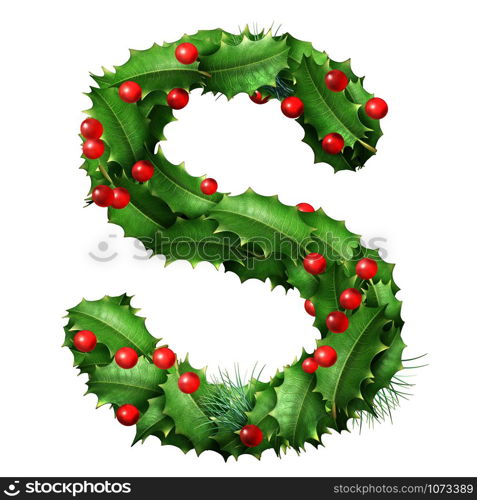 Holiday font letter S as a festive winter season decorated garland as a Christmas or New Year seasonal alphabet lettering isolated on a white background as a 3D illustration.