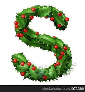 Holiday font letter S as a festive winter season decorated garland as a Christmas or New Year seasonal alphabet lettering isolated on a white background as a 3D illustration.