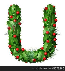Holiday font letter U as a festive winter season decorated garland as a Christmas or New Year seasonal alphabet lettering isolated on a white background as a 3D illustration.