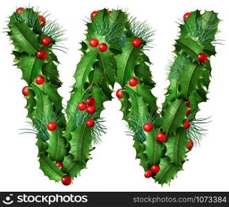 Holiday font letter W as a festive winter season decorated garland as a Christmas or New Year seasonal alphabet lettering isolated on a white background as a 3D illustration.