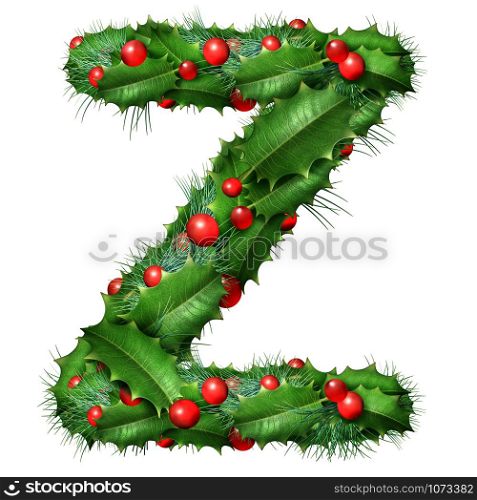 Holiday font letter Z as a festive winter season decorated garland as a Christmas or New Year seasonal alphabet lettering isolated on a white background as a 3D illustration.