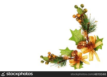 Holiday frame border with Christmas tree branch ornament as winter decoration isolated on white background