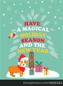 Holiday greeting card with cute corgi dog.