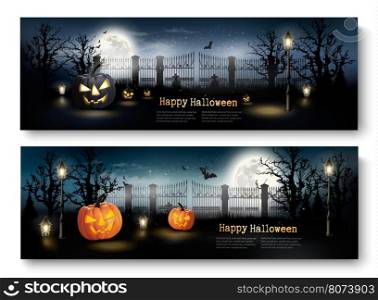 Holiday Halloween Banners with Pumpkins and Wooden Sign. Vector