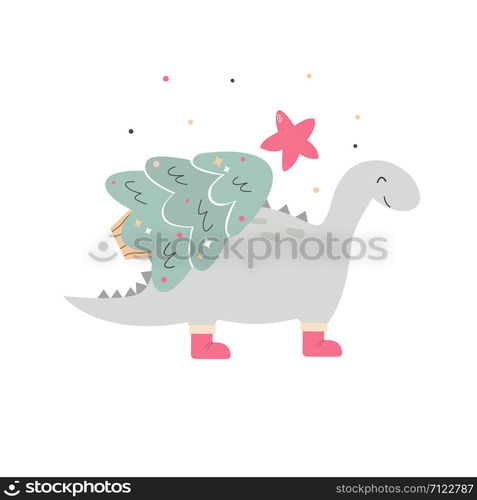 Holiday hand drawn dino with Christmas tree. Vector festive illustration. Holiday hand drawn dino with Christmas tree