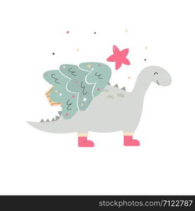 Holiday hand drawn dino with Christmas tree. Vector festive illustration. Holiday hand drawn dino with Christmas tree