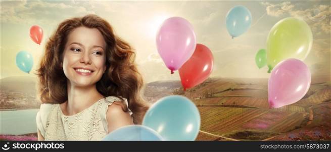 Holiday. Happy Woman with Colorful Air Balloons