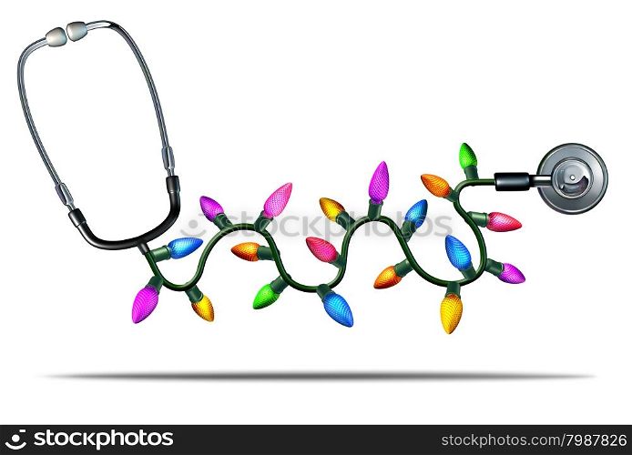 Holiday health care concept as a three dimensional stethoscope made with christmas decoration lights as a symbol for healing and recovery due to therapy and medicine in the new year or hospital staff party icon.