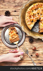 holiday home pie. christmas homemade cake on a retro background