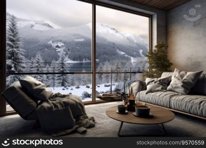 Holiday living room with a window overlooking snowy mountains