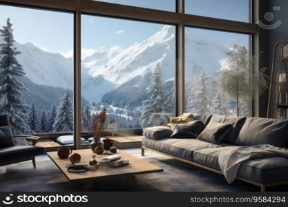 Holiday living room with a window overlooking snowy mountains