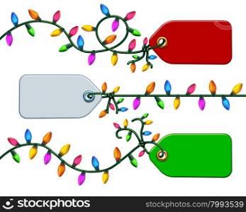 Holiday price tag icon group graphic element isolated on a white background tied on rope with electric christmas lights as a festive discount label symbol.