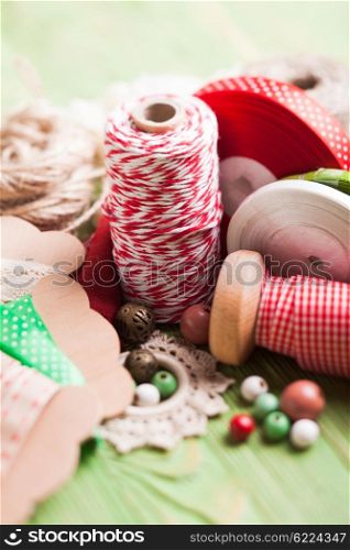 Holiday rope and ribbon decorations for craft paper gift box. The Holiday decor