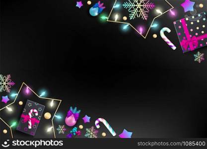 Holiday&rsquo;s Background for Merry Christmas greeting card with a light garland, colorful balls, gifts, candies, gold star, snowflake. Holiday s Background for Merry Christmas greeting card with a light garland, colorful balls, gifts, candies, gold star, snowflake