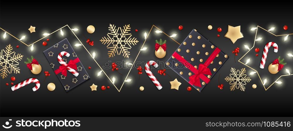 Holiday&rsquo;s Background for Merry Christmas greeting card with a light garland, colorful balls, gifts, candies, gold star, snowflake