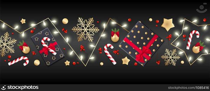 Holiday&rsquo;s Background for Merry Christmas greeting card with a light garland, colorful balls, gifts, candies, gold star, snowflake