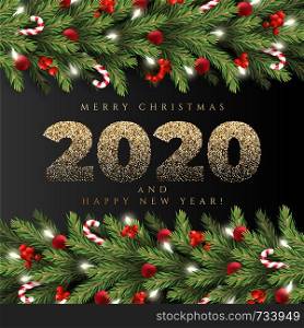 Holiday's Background for Merry Christmas greeting card with a realistic garland of pine tree branches, decorated with Christmas balls, Candy Canes, red berries