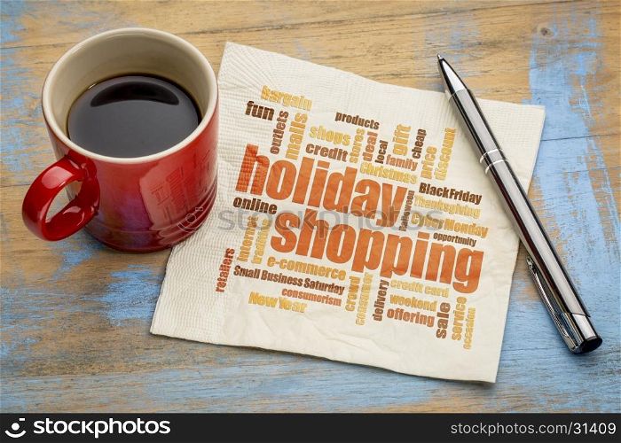 holiday shopping word cloud on a napkin with a cup of coffee