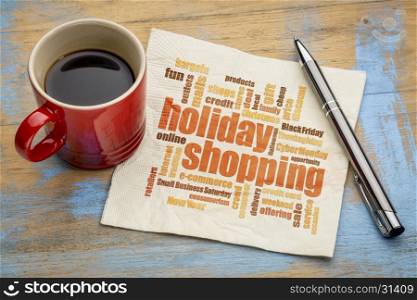 holiday shopping word cloud on a napkin with a cup of coffee