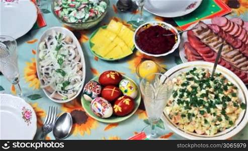 holiday table at Easter in Ukrainian style, panorama left to right