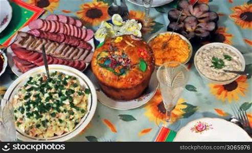 holiday table at Easter in Ukrainian style, panorama right to left