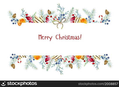 Holiday template on a white background for invitation cards, postcards, New Year&rsquo;s letterhead, other design.Coniferous branches, gingerbread cookies, candy, branches with berries, bow, cone, bullfinch. Watercolor Christmas banner with green spruce and various attributes of Christmas and New Year.
