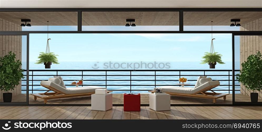 Holiday villa with wooden veranda. Holiday villa with two chais lounges on wooden veranda - 3d rendering