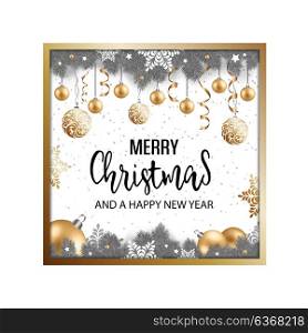 Holiday winter frame background card with fir branches, Christmas balls and snowflakes