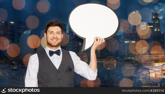 holidays and communication concept - happy man in suit holding blank text bubble banner over singapore city night lights background. man with blank text bubble over singapore city. man with blank text bubble over singapore city