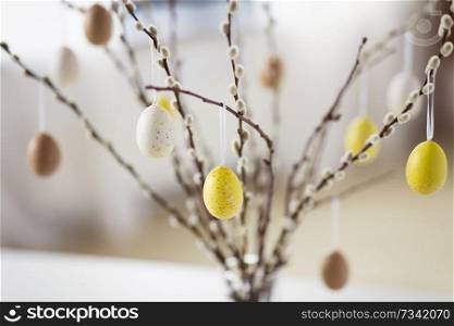 holidays and object concept - close up of pussy willow branches decorated by easter eggs. close up of pussy willow decorated by easter eggs