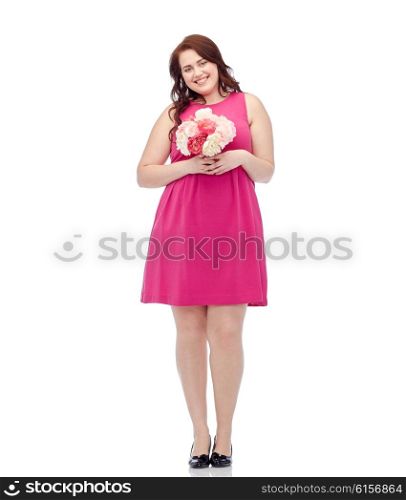 holidays and people concept - smiling happy young plus size woman with flower bunch posing in pink dress. happy young plus size woman with flower bunch