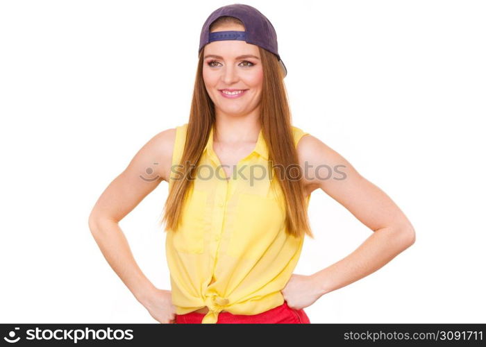 Holidays and vacation. Lovely trendy urban style girl in jeans cap. Portrait of long haired smiling attractive teenage woman.. Portrait of joyful trendy girl.