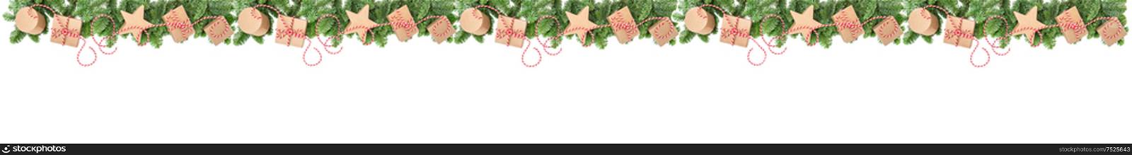 Holidays banner. Christmas decoration and gift boxes on white background