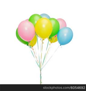 holidays, birthday, party and decoration concept - bunch of inflated colorful helium balloons