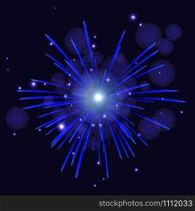 Holidays blue shades fireworks over night sky. 4th of July Independence Day, New Year vector background.