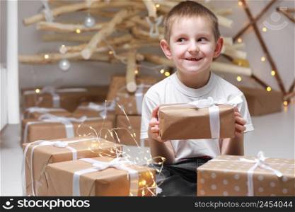 Holidays Concept. Cheerful little boy holding a gift box. Christmas wooden tree, many gift boxes and decorations on background. Christmas, New Year, childhood and people concept. Holidays Concept. Cheerful little boy holding a gift box. Christmas wooden tree, many gift boxes and decorations on background. Christmas, New Year, childhood and people concept.