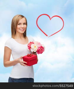 holidays, love and flowers concept - young woman with bouquet of flowers and red gift box