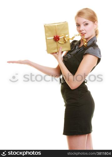 Holidays love and happiness concept - beautiful blonde girl with golden gift box open palm for your product isolated