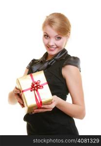 Holidays love and happiness concept - beautiful blonde girl with golden gift box isolated